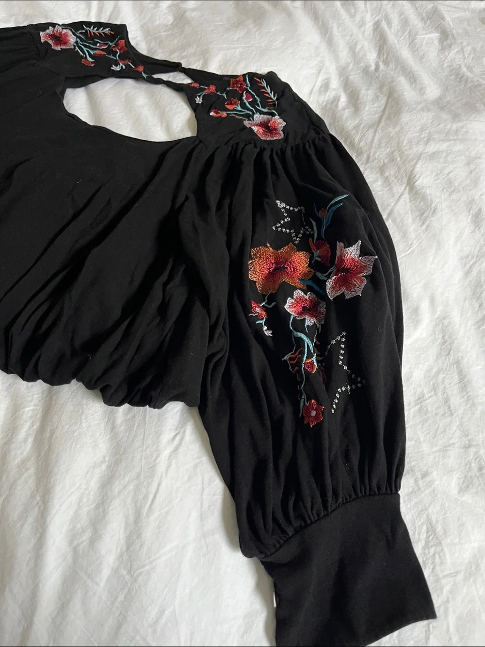 Free People black Lita Cutout Blouse Floral Embroidered Pullover Oversized linen